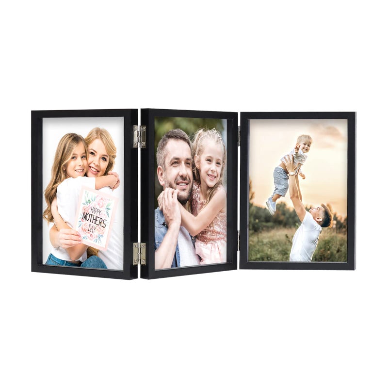 WUTL 3 Picture Frame 4x6 Black Triple Hinged MDF Wood with Glass Front Three Opening Photo Frame Stand Vertical on Tabletop - Image 1